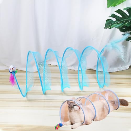 ZZPXMY Spiralförmiger Katzentunnel, Faltbarer Katzentunnel, Katzentunnel für drinnen mit Spielzeug-Federmaus, Katzen-Donut-Tunnel, zusammenklappbares S-förmiges Katzentunnel-Spielzeug (Blaue Maus) von ZZPXMY
