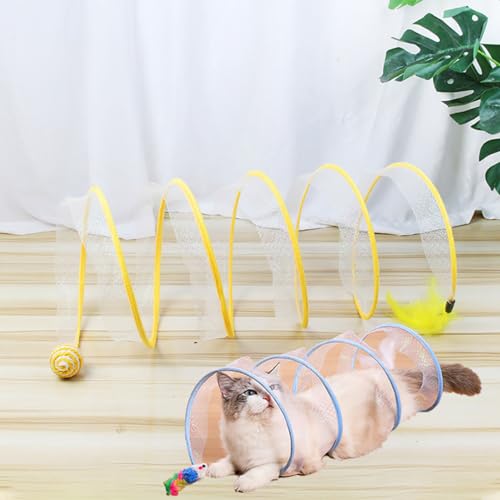 ZZPXMY Spiralförmiger Katzentunnel, Faltbarer Katzentunnel, Katzentunnel für drinnen mit Spielzeug-Federmaus, Katzen-Donut-Tunnel, zusammenklappbares S-förmiges Katzentunnel-Spielzeug (Gelber Sisal) von ZZPXMY