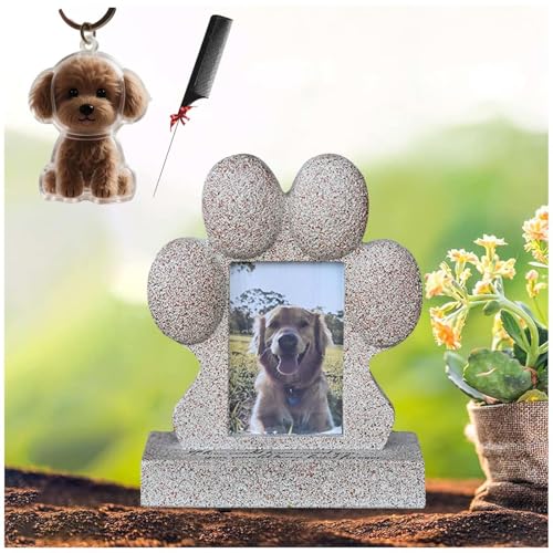 ZaiZaiSMao Gedenkstein Hund mit Schlüsselanhänger, Tiergrabstein mit Tierhaarsammler und Fotodisplay Grabschmuck Hund für Tiere Grab Erinnerung von ZaiZaiSMao