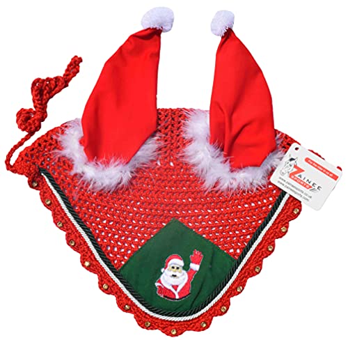 Weihnachtspferdhaube mit Netz, Motiv: Weihnachtsmann und Pferd, handgefertigt, Baumwolle, Rot von Zainee Sports