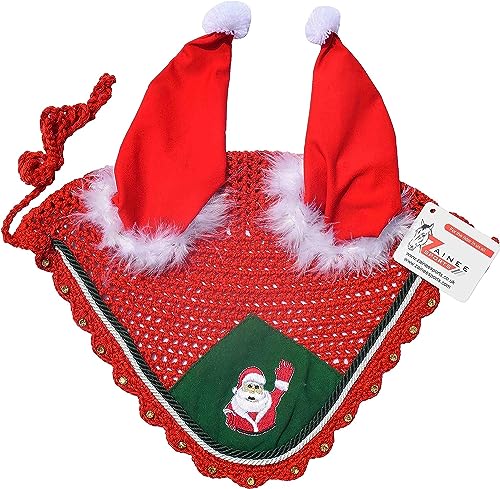 Weihnachtspferdhaube mit Netz, Motiv: Weihnachtsmann und Pferd, handgefertigt, Baumwolle, Rot von Zainee Sports