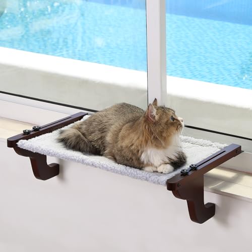Zakkart Einfacher Katzen-Fensterplatz für die Fensterbank-Hängematten-Design mit Kiefernholz und robustem Metallrahmen-Fenstersitz für große Katzen&Kätzchen(Dunkel gebeiztes Holz mit grauem Bett, M) von Zakkart