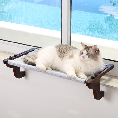 Zakkart Einfacher Katzen-Fensterplatz für die Fensterbank-Hängematten-Design mit Kiefernholz und robustem Metallrahmen-Fenstersitz für große Katzen&Kätzchen(Dunkel gebeiztes Holz mit grauem Bett, L) von Zakkart