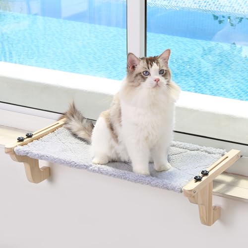 Zakkart Einfacher Katzen-Fensterplatz für die Fensterbank-Hängematten-Design mit Kiefernholz und robustem Metallrahmen-Fenstersitz für große Katzen und Kätzchen(Naturholzfarbe mit grauem Bett, L) von Zakkart