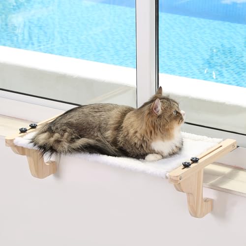 Zakkart Einfacher Katzen-Fensterplatz für die Fensterbank-Hängematten-Design mit Kiefernholz und robustem Metallrahmen-Fenstersitz für große Katzen und Kätzchen(Naturholzfarbe mit weißem Bett, M) von Zakkart