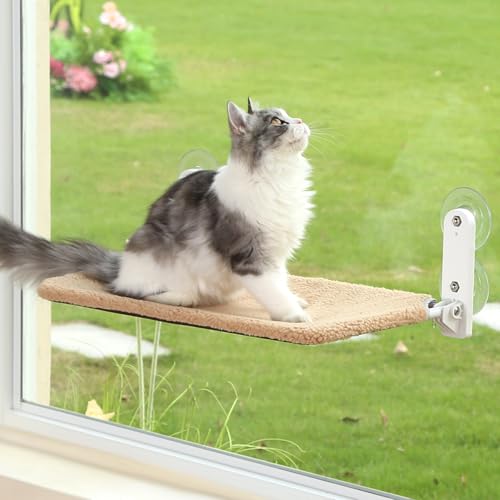 Zakkart Faltbare Katzenfensterstange - Kabellos, Reißverschluss, Maschinenwaschbarer Sherpa-Bettbezug, robuster Metallrahmen, Katzenhängematte für Fenster für große Katzen und Kätzchen (Braun, Groß) von Zakkart