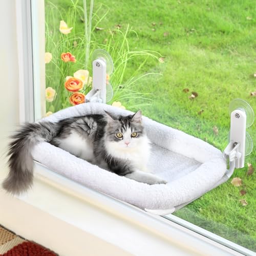 Zakkart Faltbare Katzenhängematte für Fenster, schnurlos, eingebettet, maschinenwaschbares Bett, robuster Metallrahmen, Katzenfensterstange für große Katzen und Kätzchen (weißes Nackenbett, groß) Zakkart Faltbare Katzenhängematte für Fenster, schnurlos, eingebettet, maschinenwaschbares Bett, robuster Metallrahmen, Katzenfensterstange für große Katzen und Kätzchen (weißes Nackenbett, groß) von Zakkart