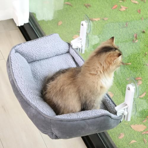 Zakkart Faltbare Katzenhängematte für Fenster mit Nackenrolle, kabellos, zusammenklappbar, dreiseitig verstärkt, maschinenwaschbar, Flauschiges Bett, robuster Metallrahmen, Katzenfensterstange für von Zakkart