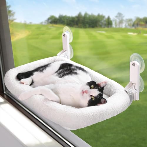 Zakkart Katzenhängematte für Fenster - Faltbare, schnurlose eingebettete maschinenwaschbare gepolsterte Bett, robuster Metallrahmen - Katzenfensterstange für große Katzen und Kätzchen - weiß von Zakkart