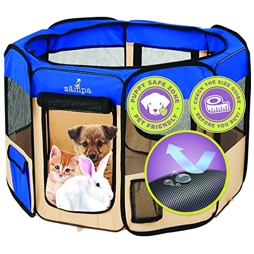 Zampa Tragbarer Faltbarer Laufstall für Haustiere Übungsstift Zwinger Tragetasche für große Hunde Kleine Welpen/Katzen | Innen- / Außenbereich | Wasserdicht (klein (91 x 91 x 61), Blau) von Zampa