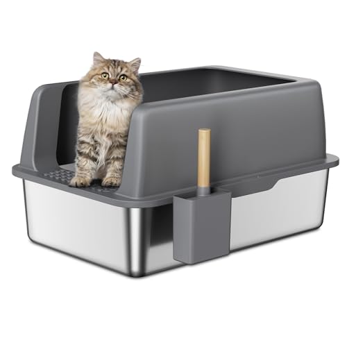Zarler Extra große Katzentoilette aus Edelstahl mit Deckel, XL Metall Katzentoilette für große Katzen, hochseitige Katzentoilette nicht klebrig, leicht zu reinigen, Anti-Urinleckage, inklusive von Zarler