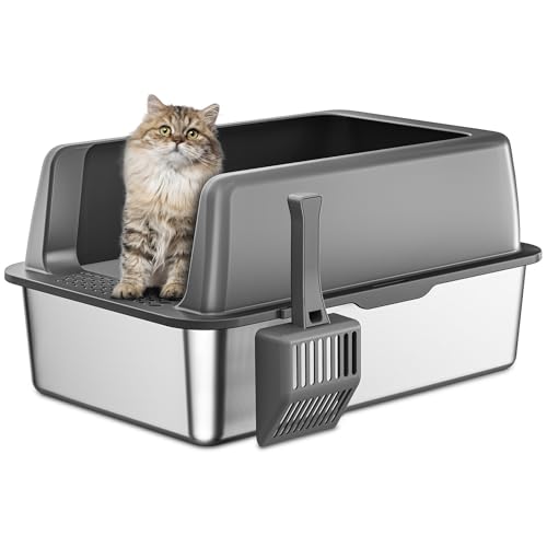 Zarler Katzenklo Edelstahl mit Deckel, 61 L x 40,5 W x 30,5 H cm XXL Katzenklo, Katzentoilette Edelstahl aus für große Katzen mit hohem Rand, Metal cat Litter Box, Grau, Nicht klebrig von Zarler