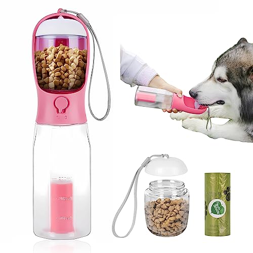 Zaruatu 3-in-1 Hunde-Reiseflaschen-Set mit 590 ml Bewässerung, Futterbehälter und Abfallbeutel, Aufbewahrung, tragbarer Wasserspender für Haustiere, ideal für Outdoor-Spaziergänge und Reisen (rosa) von Zaruatu