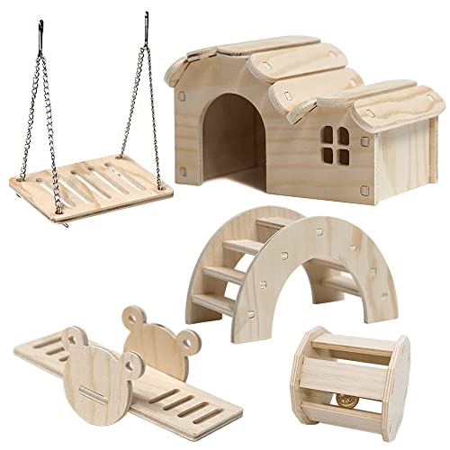 Zasvec Hamster Spielzeug Set: 5 Stck Holz-Spielzeug fr Hamster, Meerschweinchen & Co. - Inkl. Haus, Brcke, Wippe, Schaukel & Glockenrolle - Fr kleine Haustiere & zur mentalen Stimulation von Zasvec