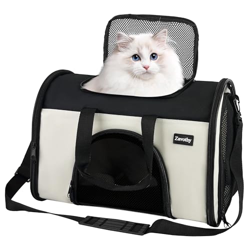Zavothy Transporttasche für Katzen und Hunde, Transporttasche, atmungsaktiv und faltbar, Transportbox für Katzen mit verstellbarem Schultergurt, abnehmbare Plüschmatratze, S, Beige von Zavothy