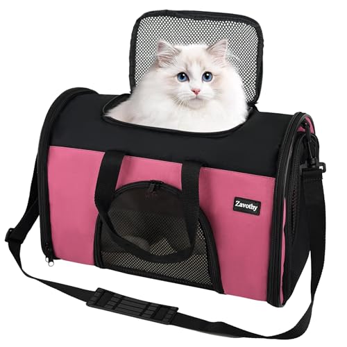 Zavothy Transporttasche für Katzen und Hunde, Transporttasche, atmungsaktiv und faltbar, Transportbox für Katzen mit verstellbarem Schultergurt, abnehmbare Plüschmatratze, S, Rosa von Zavothy