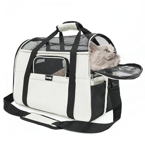 Zavothy Transporttasche für Katzen und Hunde, Transporttasche, atmungsaktiv und faltbar, Transportbox für Katzen mit verstellbarem Schultergurt, abnehmbare Plüschmatratze (Beige, Medium) von Zavothy
