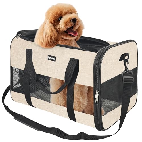 Zavothy Transporttasche für Katzen und Hunde, Transporttasche, atmungsaktiv und faltbar, Transportbox für Katzen mit verstellbarem Schultergurt, abnehmbare Plüschmatratze (Beige, groß) von Zavothy