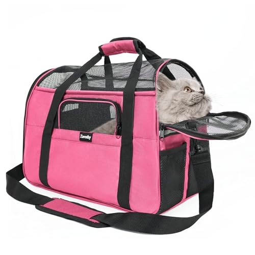 Zavothy Transporttasche für Katzen und Hunde, Transporttasche, atmungsaktiv und faltbar, Transportbox für Katzen mit verstellbarem Schultergurt, abnehmbare Plüschmatratze (Rosa, Medium) von Zavothy