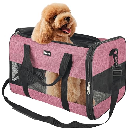 Zavothy Transporttasche für Katzen und Hunde, Transporttasche, atmungsaktiv und faltbar, Transportbox für Katzen mit verstellbarem Schultergurt, abnehmbare Plüschmatratze (Rosa, groß) von Zavothy