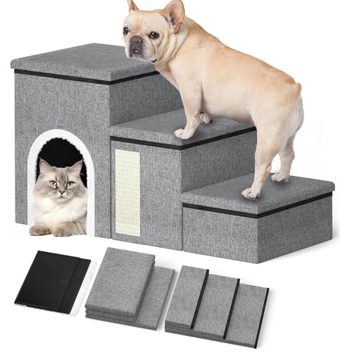 4-in-1 Faltbare 3-Stufen-Haustiertreppe für Hochbettcouch, mit Stauraum und Kratzunterlage für Katzen, hält bis zu 165 Pfund, verstellbare rutschfeste Hunderampe für kleine Hunde von ZbOLi