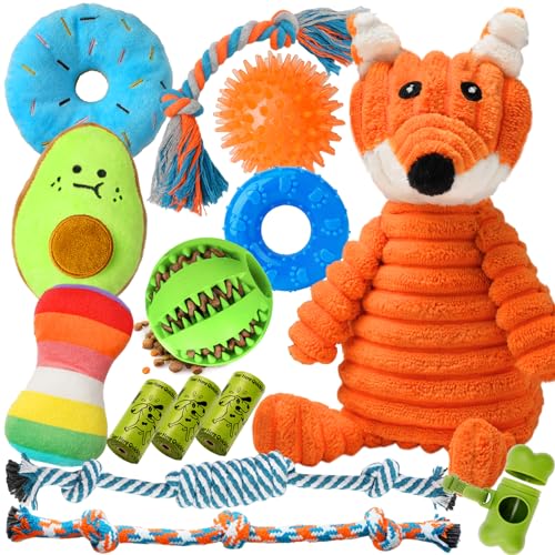 Zeaxuie 14 Stück Welpenspielzeug für zahnende kleine Hunde, Kauspielzeug für Welpen, mit niedlichem quietschendem Hundespielzeug, Ball und mehr Seil-Kauspielzeug von Zeaxuie