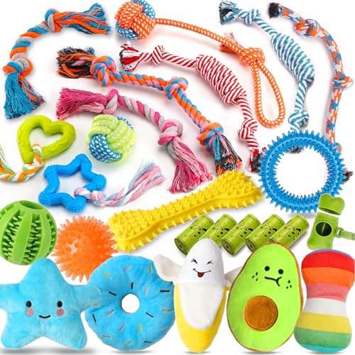 Zeaxuie 20 Stück Luxus-Hundespielzeug für Welpen, niedliches kleines Hundespielzeug mit Seilen, Welpen-Kauspielzeug, Leckerli-Ball und quietschendes Welpenspielzeug zum Zahnen von Zeaxuie