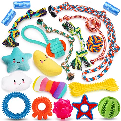 Zeaxuie 20 Stück Luxus-Welpenspielzeug zum Zahnen, niedliches kleines Hundespielzeug mit Gummi-Welpen-Kauspielzeug, Leckerli-Ball, Seilen und quietschendem Plüsch-Hundespielzeug von Zeaxuie