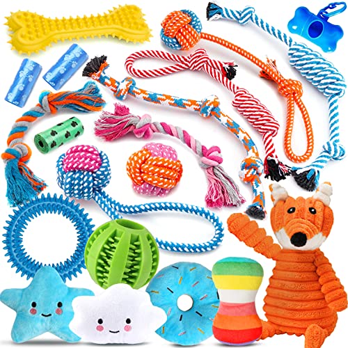 Zeaxuie 20 Stück Luxus-Welpenspielzeug zum Zahnen kleiner Hunde, Welpen-Kauspielzeug mit Gummispielzeug, Seilen und mehr quietschenden Spielzeugen von Zeaxuie