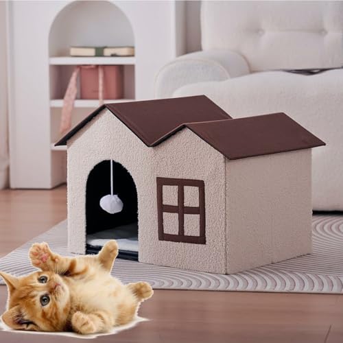 Zedelmaier Katzenhöhle, Katzenhaus, Katzenbett, Katzenhöhle XXL, Katzenhaus isoliert, Katzenhütte mit Spielball, Katzenmöbel (Beige und Braun, 41x58x40cm H) von Zedelmaier