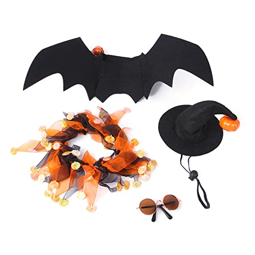 Haustier-Halloween-Kostüm, 4-teiliges Set, Fledermausflügel, verstellbarer Hexenhut, leicht, niedliches Halsband mit Glocken, Dekoration und Brille, Haustier-Fledermausflügel, Halloween-Kostüme, von Zeizafa