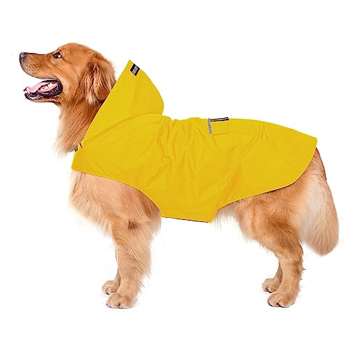 Zellar Hunderegenmantel mit Kapuze & Kragenloch & Sicheren Reflektierenden Streifen, Ultraleichte Atmungsaktive 100% wasserdichte Regenjacke für Mittelgroße bis Große Hunde, Gelb, 3XL von Zellar