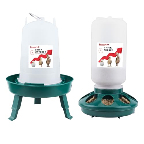 Küken Futterautomat und Tränke Set, 1 kg Hühner Futterautomat und 1,5 L Hühnertränke mit 3 verstellbaren Höhen (Grün) von ZenxyHoC