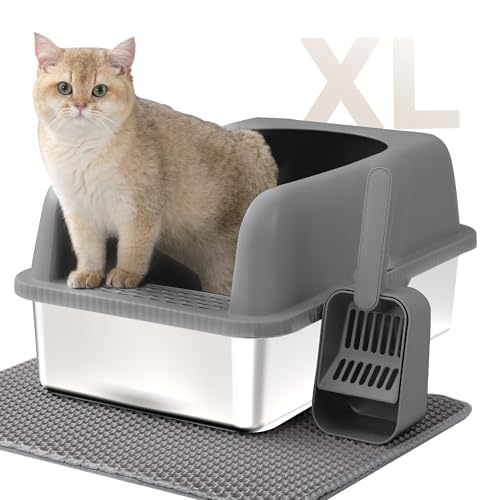 Edelstahl Katzenklo Hochwandig, Katzenklo Edelstahl mit Deckel Ohne Geruch, Katzenklo Groß mit Katzen Schaufel und Katzenklo Matte, Große Katzentoilette aus Metall Für Katzen, Kaninchen von Zeoibou