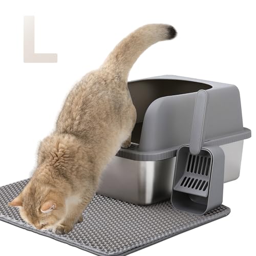 Edelstahl Katzenklo Hochwandig, Katzenklo Edelstahl mit Deckel Ohne Geruch, Katzenklo Groß mit Katzen Schaufel und Katzenklo Matte, Große Katzentoilette aus Metall Für Katzen, Kaninchen von Zeoibou