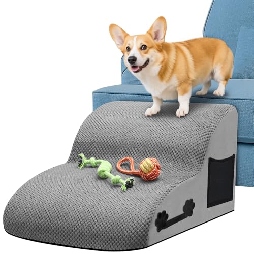 Hundetreppe für Kleine Hunde, 2 Stufen Haustiertreppe aus Hochdichtem Schwamm – Katzentreppe Hunderampe mit Waschbarem Bezug, Hundespielzeug Seil, Leicht und tragbar für Sofa, Bett, Auto von Zepphi