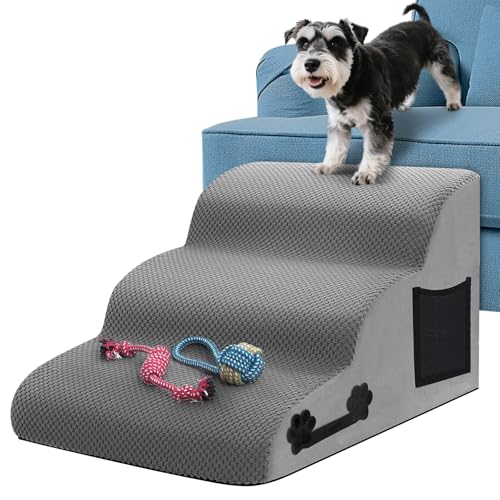 Hundetreppe für Kleine Hunde, 3 Stufen Haustiertreppe aus Hochdichtem Schwamm – Katzentreppe Hunderampe mit Waschbarem Bezug, Hundespielzeug Seil, Leicht und tragbar für Sofa, Bett, Auto von Zepphi