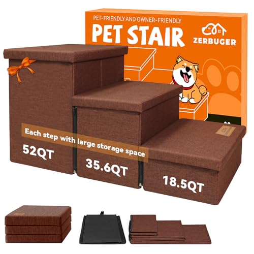 Zerbuger Hundetreppe mit Stauraum, 45,7 cm hoch, 3-stufige breitere Hundetreppe für kleine/mittelgroße/große alte Hunde und Katzen, zusammenklappbar, stabile Haustiertreppe, Kletterbett, Couch, Rampe Zerbuger Hundetreppe mit Stauraum, 45,7 cm hoch, 3-stufige breitere Hundetreppe für kleine/mittelgroße/große alte Hunde und Katzen, zusammenklappbar, stabile Haustiertreppe, Kletterbett, Couch, Rampe von Zerbuger