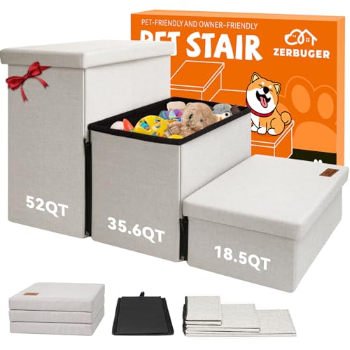 Zerbuger Hundetreppe mit Stauraum, 45,7 cm hoch, 3-stufige breitere Hundetreppe für kleine, mittelgroße und große alte Hunde und Katzen, zusammenklappbar, stabile Haustiertreppe, Kletterbett oder von Zerbuger