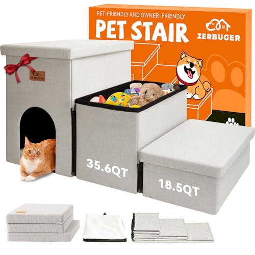 Hundetreppe, Hundetreppe für hohe Betten, 44 cm hoch, faltbare Haustiertreppe für kleine, mittelgroße oder große Hunde, Welpen mit Stauraum für Bett und Couch, Hunderampe für Auto, hält bis zu 90 kg von Zerbuger