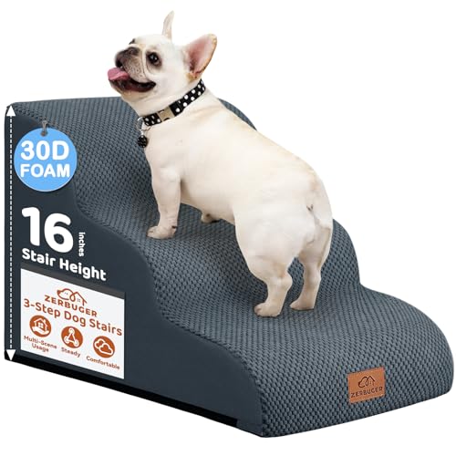 Zerbuger 3-stufige Hundetreppe für kleine Hunde, 40,6 cm hoch, gebogene Haustiertreppe für alte/verletzte Hunde, Katzen, Kletterbett, Stuhl oder Couch, Premium-Schaumstoff, rutschfeste Rampe für von Zerbuger