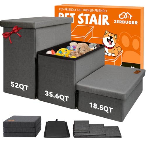 Zerbuger Hundetreppe mit Stauraum, 45,7 cm hoch, 3-stufige breitere Hundetreppe für kleine, mittelgroße und große alte Hunde und Katzen, zusammenklappbar, stabile Haustiertreppe, Kletterbett, Couch, von Zerbuger