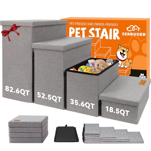 Zerbuger Hundetreppe mit Stauraum, 58,4 cm hoch, 4-stufige breitere Hundetreppe für hohe Betten, Fenster, zusammenklappbar, stabile Haustiertreppe, Geschenk für kleine, mittelgroße und große alte von Zerbuger