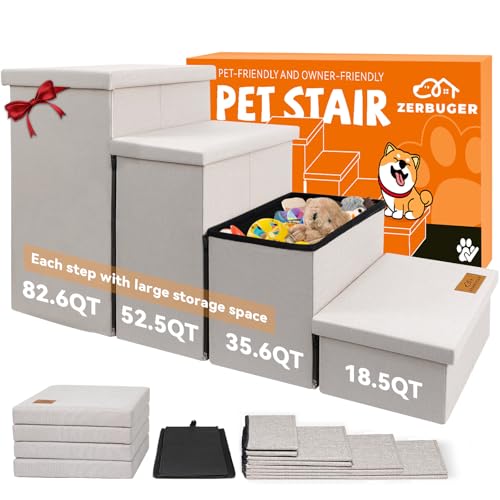 Zerbuger Hundetreppe mit Stauraum, 58,4 cm hoch, 4-stufige breitere Hundetreppe für hohe Betten, Fenster, zusammenklappbar, stabile Haustiertreppe, Geschenk für kleine, mittelgroße und große alte von Zerbuger