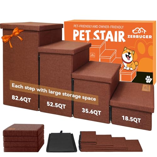 Zerbuger Hundetreppe mit Stauraum, 58,4 cm hoch, 4-stufige breitere Hundetreppe für hohe Betten, Fenster, zusammenklappbar, stabile Haustiertreppe, Geschenk für kleine/mittelgroße/große alte Hunde und Zerbuger Hundetreppe mit Stauraum, 58,4 cm hoch, 4-stufige breitere Hundetreppe für hohe Betten, Fenster, zusammenklappbar, stabile Haustiertreppe, Geschenk für kleine/mittelgroße/große alte Hunde und von Zerbuger