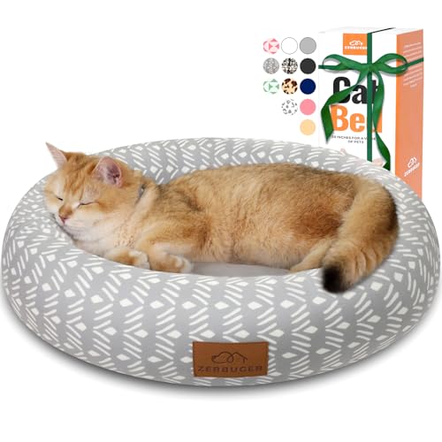 Zerbuger Katzenbett, 50,8 cm großes Hundebett für kleine Hunde, beruhigendes Katzen- und Hundebett für Haustiere, Haustierbett, bequem, Donut-Form, ultraweich (graues Muster, 50,8 x 50,8 x 16,5 cm) von Zerbuger