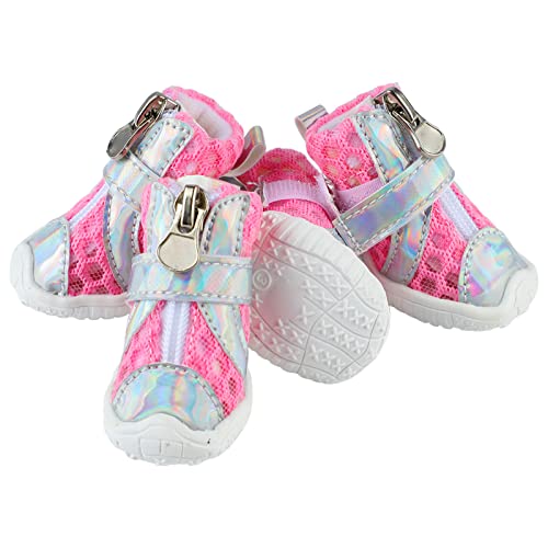 4 Stück Hundeschuhe für Kleine Hunde, Hundeschuhe, Sommer-Hundeschuhe, Stilvoll, Leicht, Atmungsaktiv, aus Mesh, Rutschfeste Sohle, Pfotenschutz für Heiße Gehwege (Rosa) von Zerodis