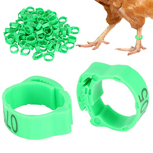 Zerodis Geflügel Fuß Ring, 100 Stück 001-100 nummeriert Kunststoff Vogel Beinbänder Ringe Geflügel Hühner Enten Gans Beinbänder Ringe(Grün) von Zerodis