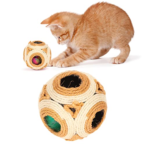 Zerodis Sisalball für Katzenspielzeug, Sisalball für Katzen, Kratzball für Haustiere, Leuchtende Farben, Interaktive Schleifkralle, Kratzfester Katzenspielzeugball mit Farbiger Feder von Zerodis