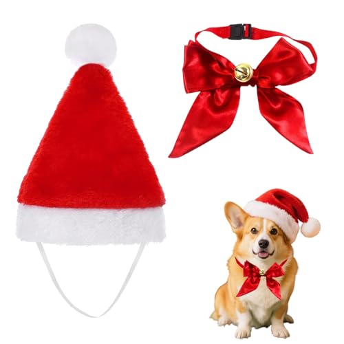 Hundekostüm Weihnachten,1 Stück Weihnachtsmütze und 1 Stück Klingel Schmetterlingsknoten, Hunde Katzen Weihnachtskostüm Ideal für Weihnachtsfotos und Familienfeiern(Rot) von ZesNxj